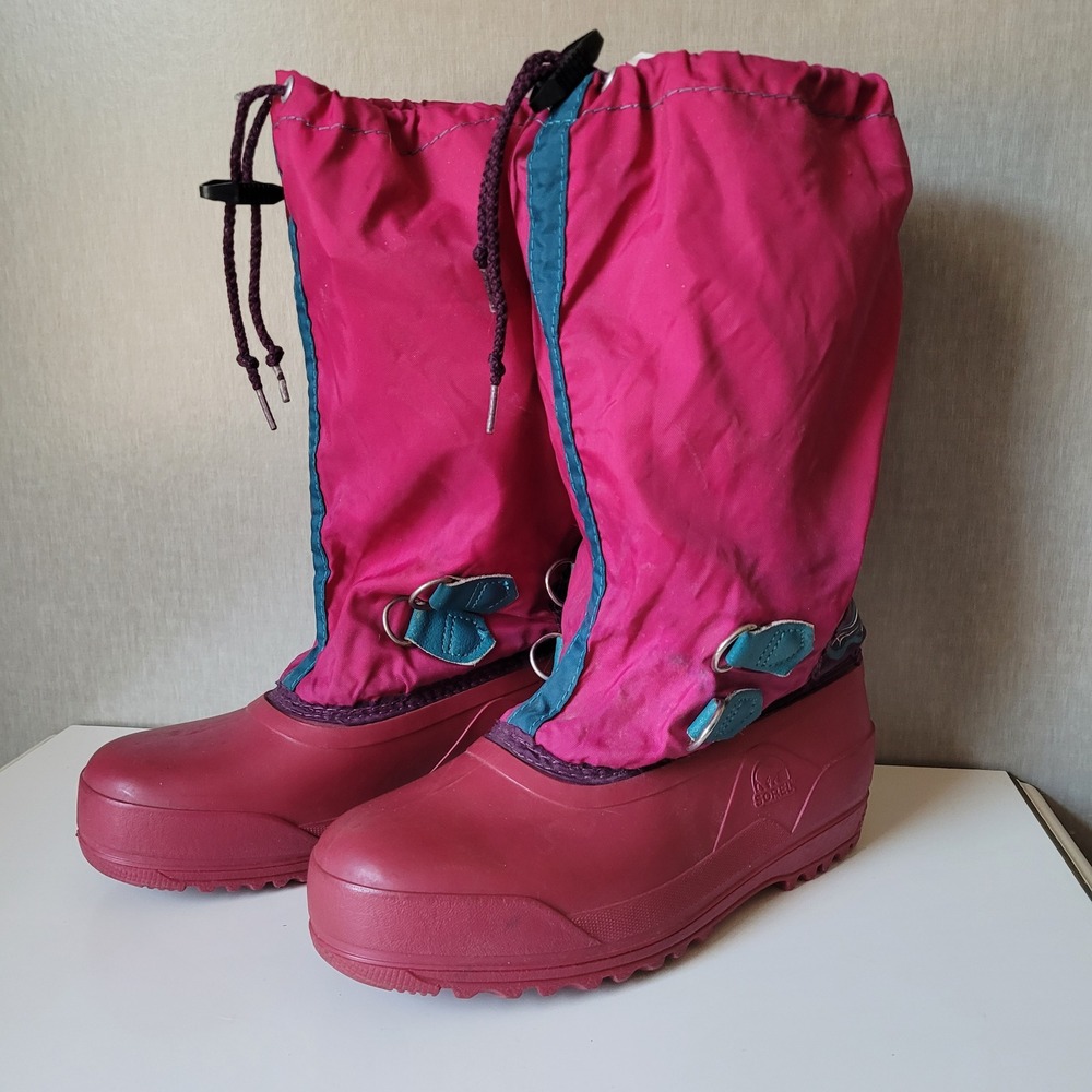 Sorel Snow Boots Kids Pink Teal Vintage Tall Winter Rubber Shell Retro Graphic